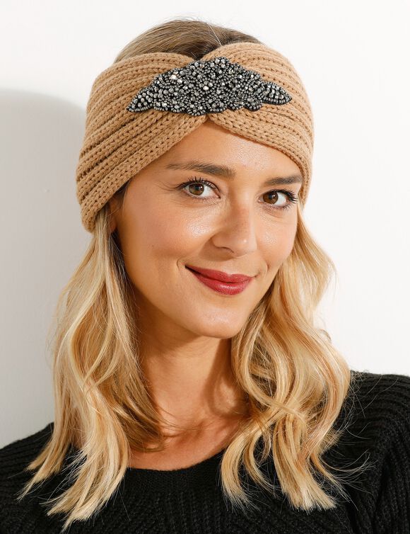 Headband en maille avec bijou (beige) Headband en maille avec bijou (beige)